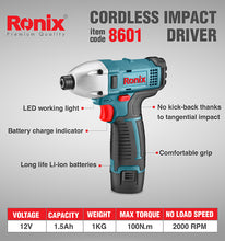 Load image into Gallery viewer, 8601 Cordless impact driver 12v Ronix
