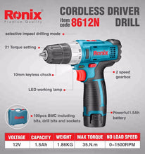 Load image into Gallery viewer, 8612N Cordless 12volt Ronix مفك بطارية
